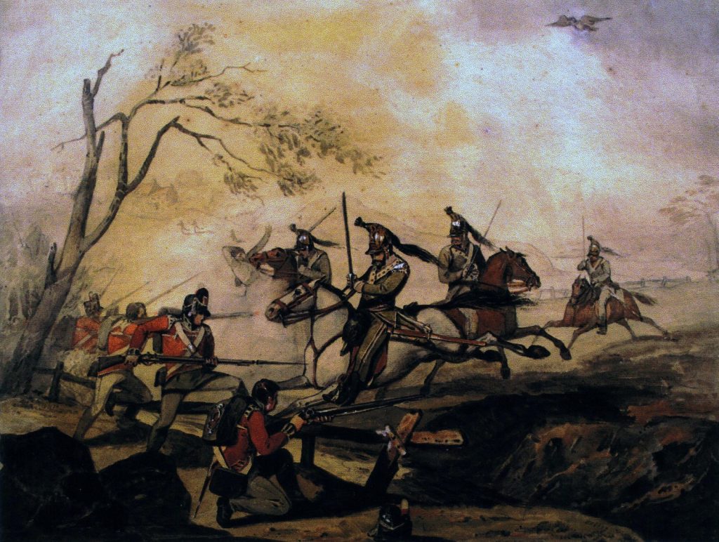 THE 3RD BATTALION RESIST FRENCH CAVALRY AT THE BATTLE OF CORUNNA, 1809. WATERCOLOUR BY D DIGHTON, 1812.